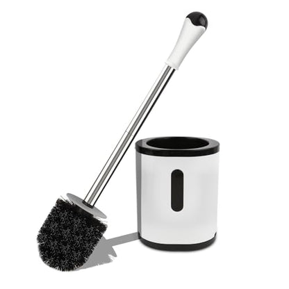 Compact Toilet Brush & Holder, Stainless Steel Handle, Space Saving for Storage, Deep Cleaning, Drip-Proof, Easy to Assemble, Nylon Bristles, White & Grey