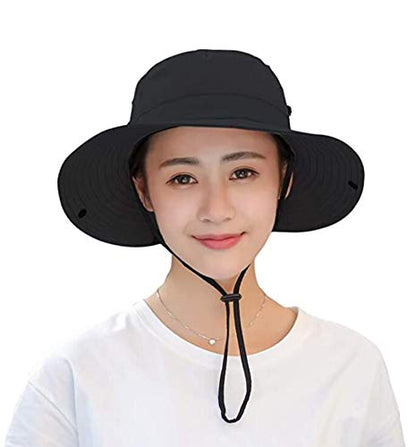 Women's Outdoor UV-Protection-Foldable Sun-Hats Mesh Wide-Brim Beach Fishing Hat with Ponytail-Hole