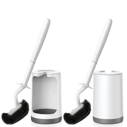 HAMITOR Toilet Bowl Brush Holder Set: Curved Design with Holder for Deep Cleaning Under Rim - Compact Hidden Scrubber for Small Space - Modern RV Bathroom Accessories - White