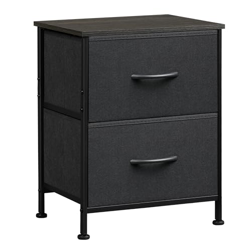 WLIVE Black Nightstand, Small Dresser for Bedroom with 2 Fabric Drawer, Bed Side Table with Drawers, End Table Bedside Furniture, Sturdy Steel Frame, Wood Top, Closet Organizer, College Dorm