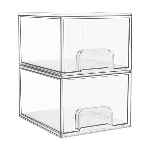 Vtopmart 2 Pack Clear Stackable Storage Drawers, 4.4'' Tall Acrylic Bathroom Makeup Organizer,Plastic Storage Bins For Vanity, Undersink, Kitchen Cabinets, Pantry, Home Organization and Storage