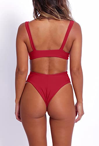 Bikini Set for Women Solid V Neck Knot Front Push Up High Leg Thong Two Piece Swimsuit