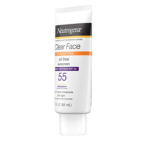 Neutrogena Clear Face Liquid Sunscreen for Acne-Prone Skin, Broad Spectrum SPF 30 Sunscreen Lotion with Helioplex, Oxybenzone-Free, Oil-Free, Fragrance-Free; Non-Comedogenic, 3 fl. oz