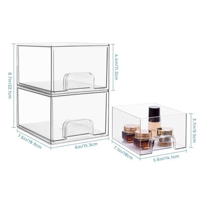 Vtopmart 2 Pack Clear Stackable Storage Drawers, 4.4'' Tall Acrylic Bathroom Makeup Organizer,Plastic Storage Bins For Vanity, Undersink, Kitchen Cabinets, Pantry, Home Organization and Storage