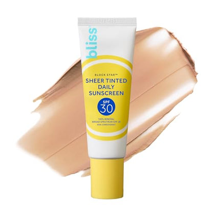 Bliss Block Star SPF 30 Invisible Daily Tinted Sunscreen with Zinc Oxide, Sunscreen & Makeup Primer - 100% Mineral Broad Spectrum Sunscreen with Titanium Dioxide and Antioxidant Blend,- 1.4 fl oz.