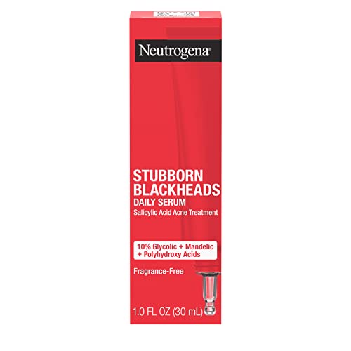 Neutrogena Stubborn Blackheads Daily Acne Facial Serum with Salicylic, Glycolic, Polyhydroxy & Mandelic Acids, Oil-Free Face Serum for Acne-Prone Skin to Help Clear Clogged Pores, 1 fl. oz