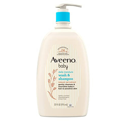 Aveeno Baby Daily Moisture Gentle Bath Wash & Shampoo with Natural Oat Extract, Hypoallergenic, Tear-Free & Paraben-Free Formula For Sensitive Hair & Skin, Lightly Scented, 33 fl. oz