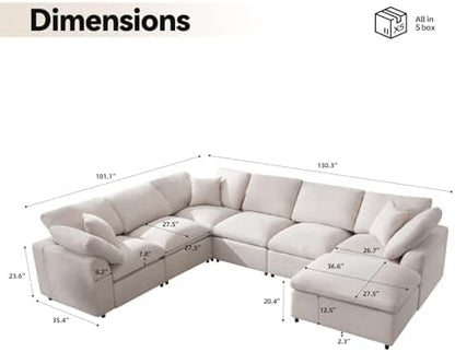 Modular Sectional Sofa Modern Oversized Cloud Couch with Movable Ottoman 7 Seater L-Shaped Sofas Comfy Couches for Living Room Spacious Space Office Lounge, Beige