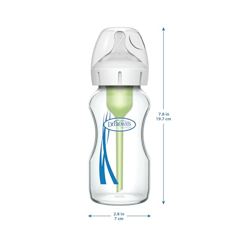 Dr. Brown's Natural Flow Anti-Colic Options+ Wide-Neck Glass Baby Bottles 5 oz/150 mL, with Level 1 Slow Flow Nipple, 3 Pack, 0m+