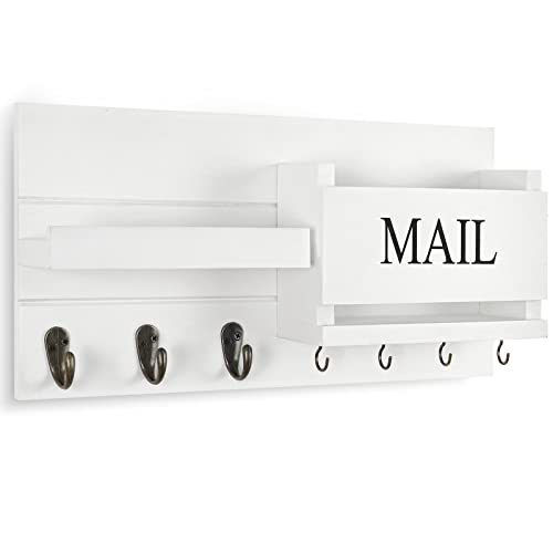 Mail Organizer for Wall Mount – Key Holder with Shelf includes Letter Holder and Hooks for Hallway Farmhouse Decor – Rustic Wood with Flush Mounting Hardware (16.5” x 9.1” x 3.4”) (Black)