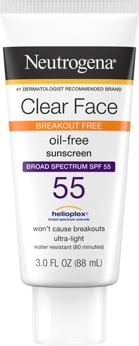 Neutrogena Clear Face Liquid Sunscreen for Acne-Prone Skin, Broad Spectrum SPF 30 Sunscreen Lotion with Helioplex, Oxybenzone-Free, Oil-Free, Fragrance-Free; Non-Comedogenic, 3 fl. oz