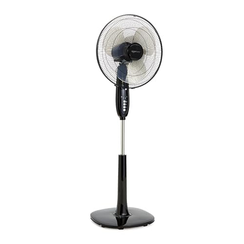 Amazon Basics 16-Inch Pedestal Floor Fan with Oscillating Blades, Remote Control, Timer, Tilted Head, and 3 Speed Settings - Sleek Black Design