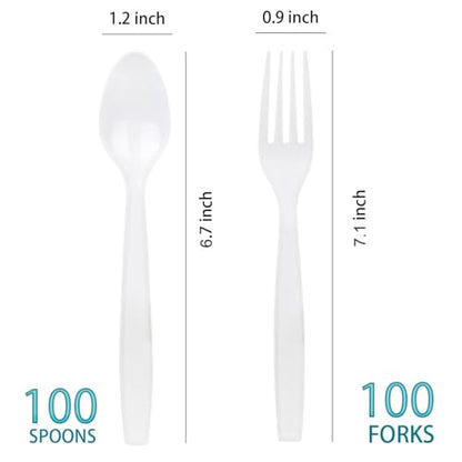 200 Count Plastic Silverware, Heavy Weight Plastic Forks Spoons Disposable Utensils Cutlery Set for Wedding Party Supplies Everyday Use