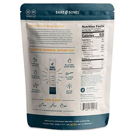 Bare Bones Bone Broth Instant Powdered Beverage Mix, Chicken, Pack of 16, 15g Sticks, 10g Protein, Keto & Paleo Friendly