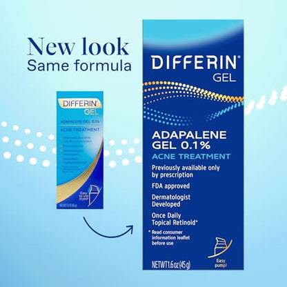 Differin Acne Treatment Gel, Retinoid Treatment for Face with 0.1% Adapalene, Gentle Skin Care for Acne Prone Sensitive Skin, 15g Tube (Packaging May Vary)