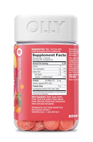 OLLY Probiotic + Prebiotic Gummy, Digestive Support and Gut Health, 500 Million CFUs, Fiber, Adult Chewable Supplement for Men and Women, Peach, 30 Day Supply - 30 Count