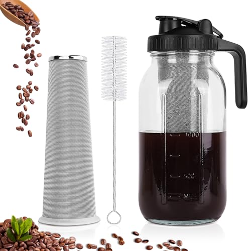 Cold Brew Coffee Maker, 64 oz Wide Mouth Mason Jar Pitcher with Stainless Steel Filter, Pour Spout Handle Lid, Heavy Duty Glass Airtight & Leak-Proof Pitcher for iced coffee & Tea Lemonade