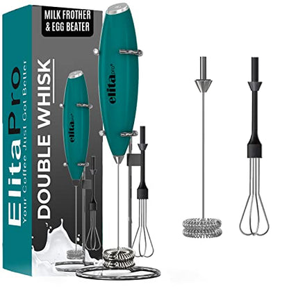 ElitaPro Powerful Milk Frother Wand - 2 in 1 Handheld Coffee Frother and Egg Beater - Mini Foam Maker With Stand - Whisk Drink Mixer & Foamer for Coffee, Latte, Matcha, Hot Chocolate (Exec Black)