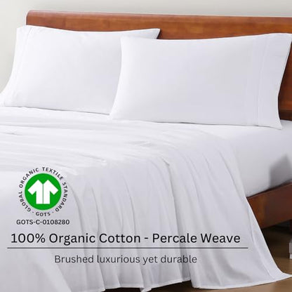 LANE LINEN 100% Organic Cotton Queen Sheet Set, 4Pc Cotton Sheets Queen Size Bed set, Soft & Breathable Percale Weave, Deep Pocket Queen Sheets, Hotel-Quality Bed Sheets Queen Size - White Bed Sheets