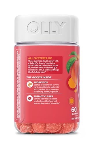 OLLY Probiotic + Prebiotic Gummy, Digestive Support and Gut Health, 500 Million CFUs, Fiber, Adult Chewable Supplement for Men and Women, Peach, 30 Day Supply - 30 Count