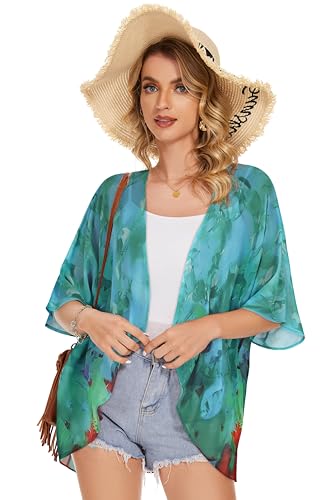 Women's Floral Print Puff Sleeve Kimono Cardigan Loose Cover Up Casual Blouse Tops