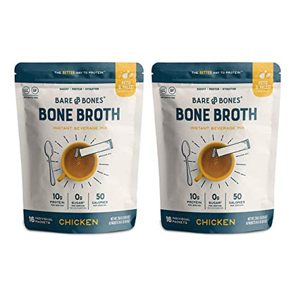 Bare Bones Bone Broth Instant Powdered Beverage Mix, Chicken, Pack of 16, 15g Sticks, 10g Protein, Keto & Paleo Friendly