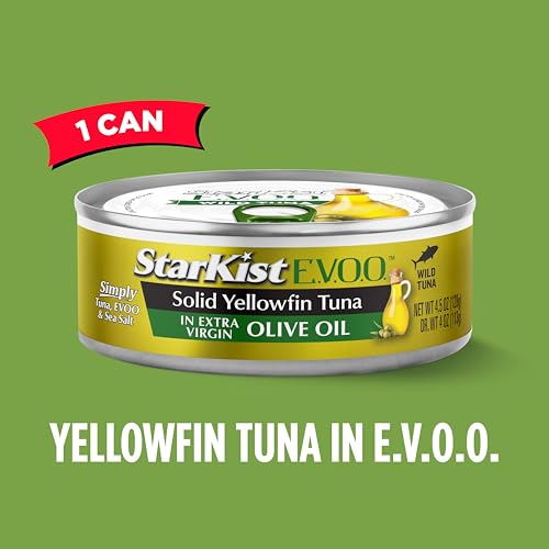 StarKist E.V.O.O. Solid Yellowfin Tuna in Extra Virgin Olive Oil, 4.5 oz (4 Pack) Canned Tuna Fish, Wild Caught, Gluten Free, Ready to Eat, Perfect for Salads, Keto Meals and Snacks