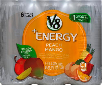 V8 +Energy Peach Mango Juice Energy Drink, 8 fl oz Can (6 Pack)