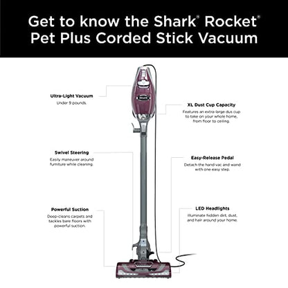 Shark HV322 Rocket Deluxe Pro Corded Stick Vacuum with LED Headlights, XL Dust Cup, Lightweight, Perfect for Pet Hair Pickup, Converts to a Hand Vacuum, with Pet Attachments, Bordeaux/Silver