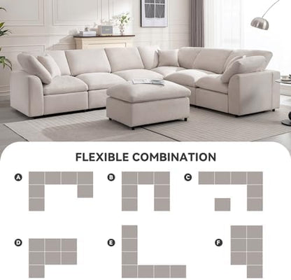 Modular Sectional Sofa Modern Oversized Cloud Couch with Movable Ottoman 7 Seater L-Shaped Sofas Comfy Couches for Living Room Spacious Space Office Lounge, Beige