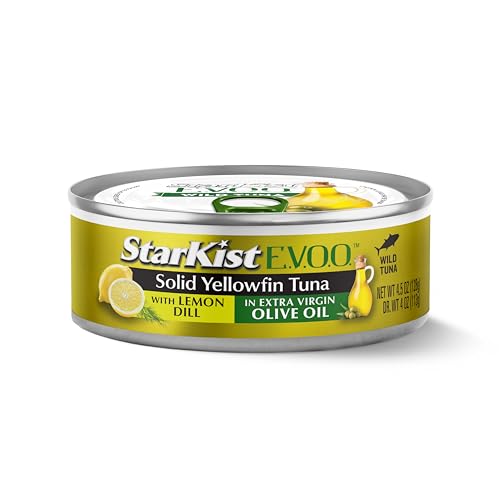 StarKist E.V.O.O. Solid Yellowfin Tuna in Extra Virgin Olive Oil, 4.5 oz (4 Pack) Canned Tuna Fish, Wild Caught, Gluten Free, Ready to Eat, Perfect for Salads, Keto Meals and Snacks