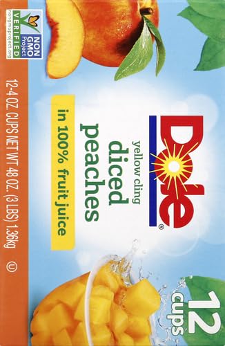 Dole Fruit Bowls Diced Peaches in 100% Juice Snacks, 4oz 12 Total Cups, Gluten & Dairy Free, Bulk Lunch Snacks for Kids & Adults