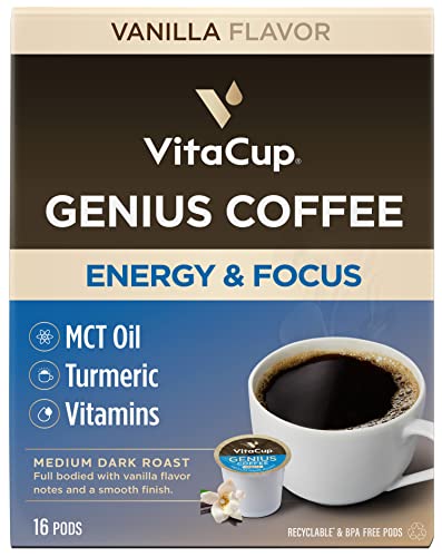 VitaCup Mushroom Coffee Pods - Boost Focus & Immunity with Lions Mane, Chaga, Vitamins, for Memory & Clarity, Recyclable K-Cup Pods, 16 Ct