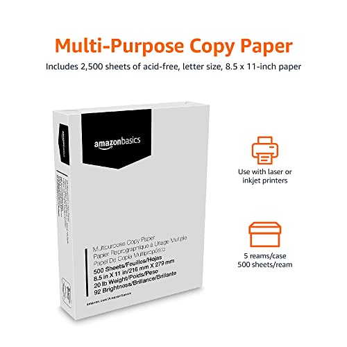 Amazon Basics Multipurpose Copy Printer Paper, 8.5" x 11", 20 lb, 3 Reams, 1500 Sheets, 92 Bright, White