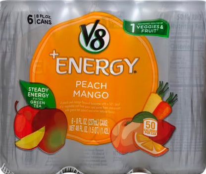 V8 +Energy Peach Mango Juice Energy Drink, 8 fl oz Can (6 Pack)