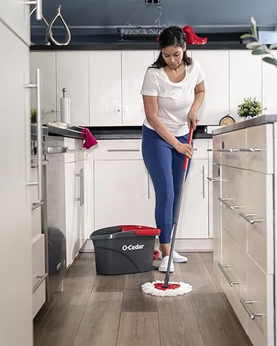 O-Cedar Easywring Microfiber Spin Mop & Bucket Floor Cleaning System with 1 Extra Refill,Red / Gray