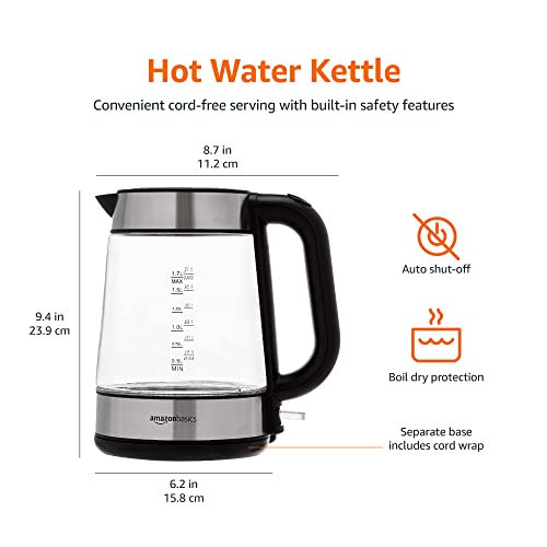 Amazon Basics Electric Kettle, Stainless Steel, Portable Fast-Boiling, Tea Kettle for Boiling Water, for Tea and Coffee, Auto Shut-Off and Boil Dry Protection, 1 Liter, Black and Silver