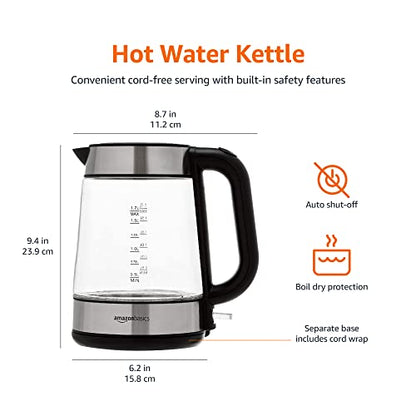 Amazon Basics Electric Kettle, Stainless Steel, Portable Fast-Boiling, Tea Kettle for Boiling Water, for Tea and Coffee, Auto Shut-Off and Boil Dry Protection, 1 Liter, Black and Silver