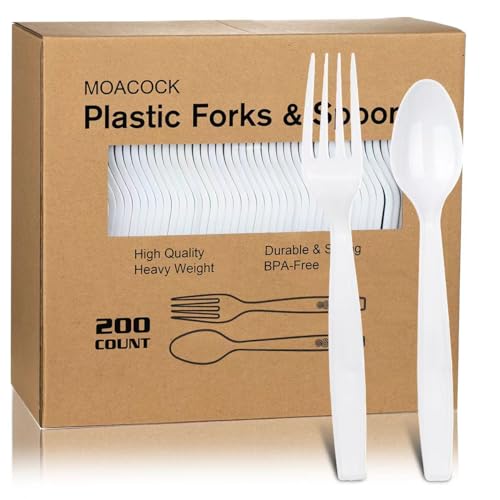 200 Count Plastic Silverware, Heavy Weight Plastic Forks Spoons Disposable Utensils Cutlery Set for Wedding Party Supplies Everyday Use