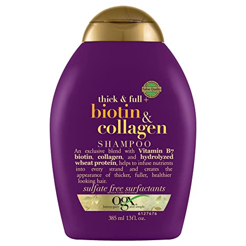 OGX Thick & Full + Biotin & Collagen Volumizing Shampoo, Nutrient-Infused Hair Shampoo with Vitamin B7 Biotin Gives Hair Volume & Body for 72+ Hours, Sulfate-Free Surfactants, 13 fl. oz