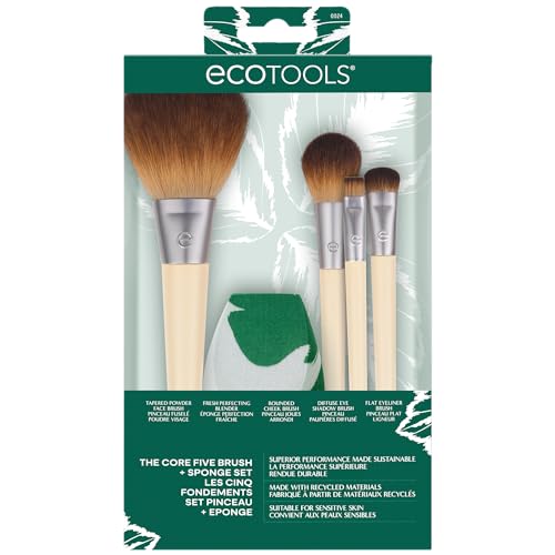 EcoTools Start The Day Beautifully 6 Piece Makeup Brush Set, Makeup Brushes For Eyeshadow, Blush, Concealer, & Foundation Application, Eco-Friendly, Gift Set, Synthetic Hair, Vegan & Cruelty-Free