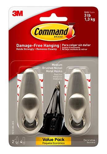 Command Forever Classic Large Metal Wall Hooks, Damage Free Hanging Wall Hooks with Adhesive Strips, No Tools Wall Hooks for Hanging Decorations in Living Spaces, 2 Metal Hooks and 4