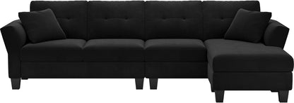 Belffin Convertible Sectional Couch Velvet L Shaped Sofa 4 Seat Sofa with Chaise L-Shaped Couches Reversible Sectional Sofa (Black, L Shaped Couch)