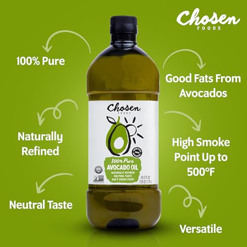 Chosen Foods 100% Pure Avocado Oil for Cooking - Made With Good Fats from Avocados, Naturally Refined, Never Adulterated, High Smoke Point, Non-GMO, Soy-Free, Canola Oil-Free, Gluten-Free, Paleo, Keto