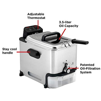 T-fal 3.5L Stainless Steel Deep Fryer with Basket, 1700W, Oil Filtration, Temp Control, Digital Timer, Dishwasher Safe Parts