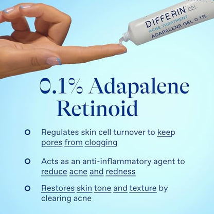 Differin Acne Treatment Gel, Retinoid Treatment for Face with 0.1% Adapalene, Gentle Skin Care for Acne Prone Sensitive Skin, 15g Tube (Packaging May Vary)