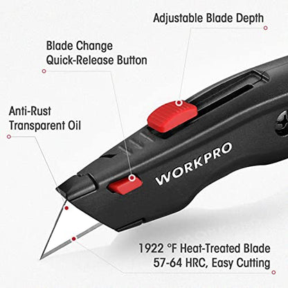 WORKPRO Premium Utility Knife, Retractable All Metal Heavy Duty Box Cutter, Quick Change Blade Razor Knife, with 10 Extra Blades