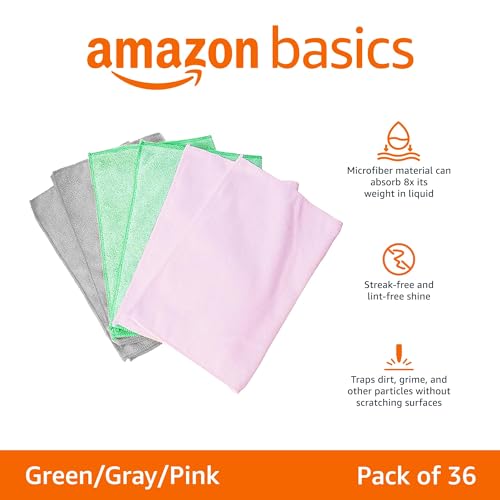 Amazon Basics Microfiber Cleaning Cloths, Non-Abrasive, Reusable and Washable, Pack of 24, Green/Gray/Pink, 16" x 12"