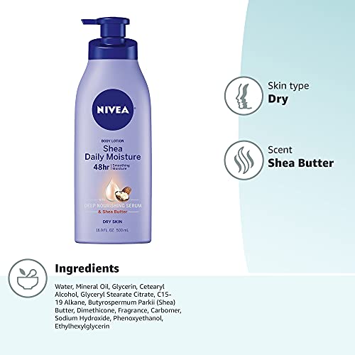 NIVEA Shea Nourish Body Lotion, 48-Hour Moisturizing Shea Butter Lotion for Dry Skin with Deep Nourishing Serum, 16.9 Fl Oz Pump Bottle