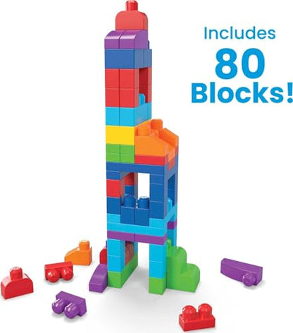 MEGA BLOKS First Builders Toddler Blocks Toys Set, Big Building Bag with 80 Pieces and Storage, Blue, Ages 1+ Years